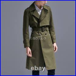 Double Breasted Lapel Collar Mid Long Trench Coat Overcoat Belt 6XL Mens Jackets