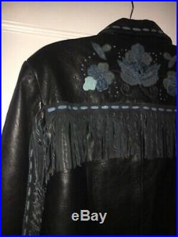 Double D Ranch Black Leather Jacket Western Blue Floral M