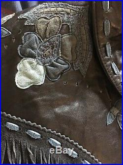 Double D Ranch Black Leather Jacket Western Blue Floral M