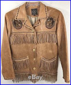 Double D Ranch Brown Leather Fringe Horse Horseshoe Western Jacket Sz S