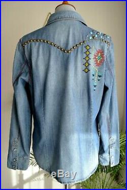 Double D Ranch Embellished Embroidered Denim Pearl Snap Western Shirt sz L $298