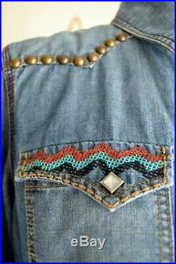 Double D Ranch Embellished Embroidered Denim Pearl Snap Western Shirt sz L $298