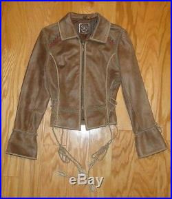 Double D Ranch Leather Tassle Jacket Size S Distressed Brown Western Embroidery