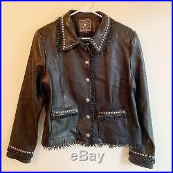 Double D Ranch Medium Black Leather Jacket Coat Studs Fringe Western Rodeo