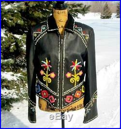 Double D Ranch Ranch Black Leather Spring Flowers Jacket NWOT M Collector Coat