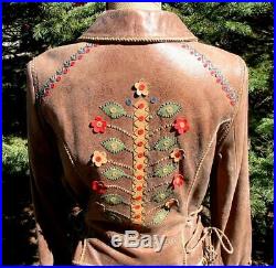 Double D Ranch Ranchwear Weathered Leather Embroidered Flowers Jacket S EUC