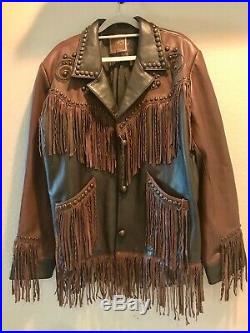 Double D Ranch Studded FRINGED BROWN Leather JACKET Coat Ranch Wear GORGEOUS
