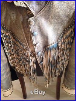 Double D Ranch Tan Leather And Blue Fringe Rough Riders Western Jacket Sold Out