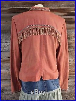 Double D Ranch Western Style Leather Jacket w Studs & Fringe Size Large