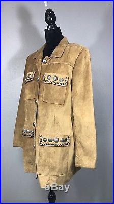 Double D Ranch Womens Tan Leather Studded Button Up Boho Western Jacket Sz M / L