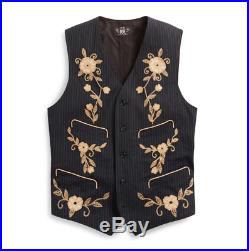 Double Ralph Lauren RRL Mens Wool Embroidered Flower Motif Waistcoat Black Vest