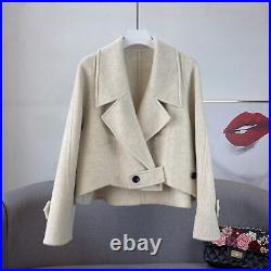 Double Sided Wool Shor Coat Lapel Collar Womens Jacket Autumn Fashion Outwear sz