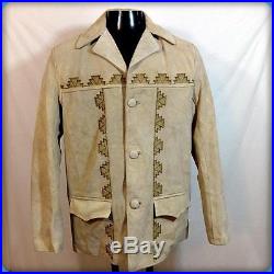 ETCHED VTG Western Mexico Heavy Suede Leather RANCHER JACKET Car Coat L Beige
