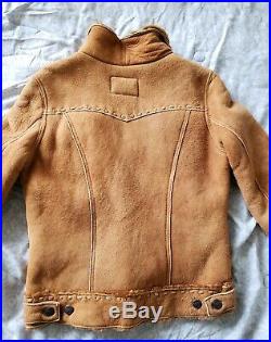 Earl Jean genuine shearling jacket sheepskin coat rancher denim look tan S