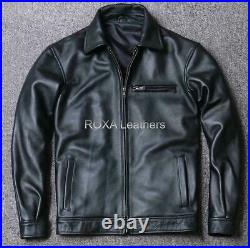 Elegant Men's 100% Authentic Cowhide Leather Jacket Collared Soft Cow Coat