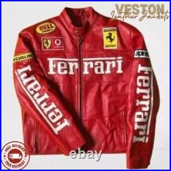 Farrari Racing Red Leather Jacket Motorcycle Vintage World Champion Jacket