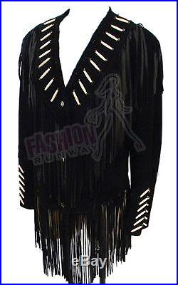 Fashion Runway Ladies Suede Leather Western Jacket-Coat with Fringes and Bead