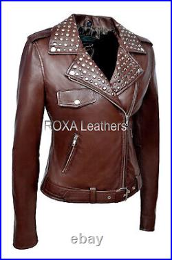 Fashionable SEXY Women Belted Authentic NAPA Natural Leather Jacket Studded Coat