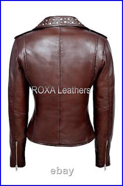 Fashionable SEXY Women Belted Authentic NAPA Natural Leather Jacket Studded Coat