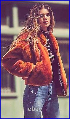 Free People Furry Bomber Jacket Terracotta Faux Fur Zip Up Collared OB683845