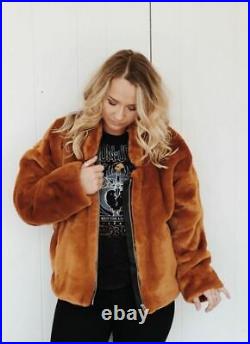 Free People Furry Bomber Jacket Terracotta Faux Fur Zip Up Collared OB683845
