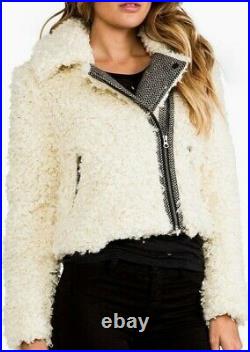 Free People Shaggy Faux-Sherpa Fur Coat Jacket Moto Style Zip Up Ivory F642J271