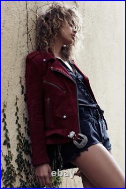 Free People x Understated Leather Suede Western Moto Jacket Wine XS $498