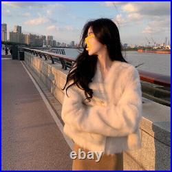 French Style Women V Neck Single Breasted Long Sleeve Short Coat Jacket Faux Fur