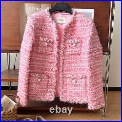 French Style Womens Pearl Round Neck Long Sleeve Tweed Short Coat Jacket Outwear