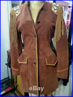 Frontier Women Western Suede Leather Fringe Beads coat- Jacket sz M MADE IN USA
