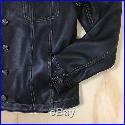GAP Blue Jeans Black Leather Western Style Trucker Jacket Metal Buttons Men's M