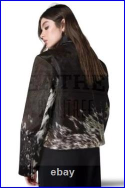Genuine Cowhide Leather Jacket for Women Natural Hair-On Cow Skin Fashion Coat