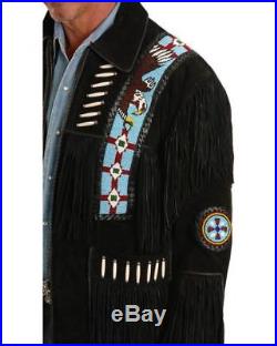 Genuine Leather Style Men Black Suede Western Jacket With Cowboy Fringe beads