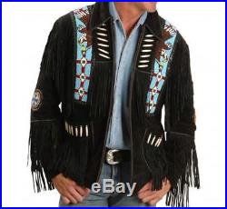 Genuine Leather Style Men Black Suede Western Jacket With Cowboy Fringe beads