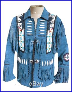 Genuine Leather Style Men Blue Suede Western Jacket With Cowboy Fringe beads-2
