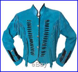 Genuine Leather Style Men Suede Blue Western Jacket With Cowboy Fringe -12