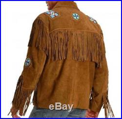 Genuine Leather Style Men Suede Brown Western Jacket With Cowboy Fringe beads-6
