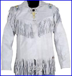 Genuine Leather Style Men Suede white Western Jacket Shirt Cowboy Fringe -18