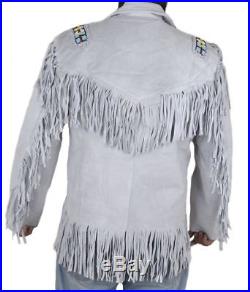 Genuine Leather Style Men Suede white Western Jacket Shirt Cowboy Fringe -18