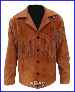Genuine Leather Style Men Suede white Western Jacket Shirt Cowboy Fringe -20