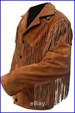 Genuine Leather Style Men Suede white Western Jacket Shirt Cowboy Fringe -20