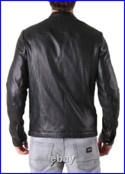 Genuine Sheepskin Leather Coat Slim Fit Motorcycle Biker Jacket Men's Black XL