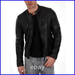 Genuine Sheepskin Leather Jacket For Men's Black Biker Motorcycle Coat Jacket
