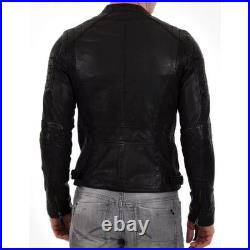 Genuine Sheepskin Leather Jacket For Men's Black Biker Motorcycle Coat Jacket