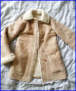 Genuine shearling duffle coat rancher sheepskin skirted dress jacket tan XS