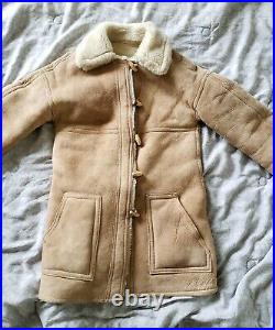 Genuine shearling duffle coat rancher sheepskin skirted dress jacket tan XS