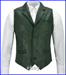 Green Genuine Western Vest Coat Jacket Lambskin Men Leather Waistcoat Button