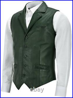 Green Genuine Western Vest Coat Jacket Lambskin Men Leather Waistcoat Button