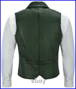 Green Genuine Western Vest Coat Jacket Lambskin Men Leather Waistcoat Button