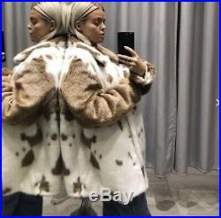 H&M FAUX TEDDY FUR COW PRINT COAT Cream Sold OUT OVERSIZED Small S UK 10 12
